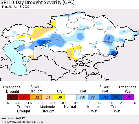 Kazakhstan SPI 10-Day Drought Severity (CPC) Thematic Map For 3/26/2022 - 4/5/2022