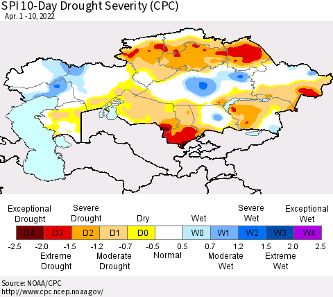 Kazakhstan SPI 10-Day Drought Severity (CPC) Thematic Map For 4/1/2022 - 4/10/2022