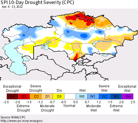 Kazakhstan SPI 10-Day Drought Severity (CPC) Thematic Map For 4/6/2022 - 4/15/2022