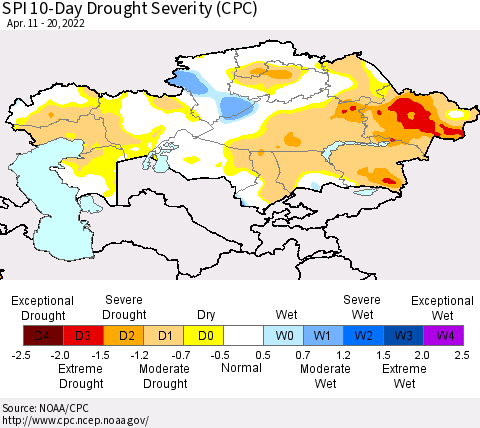 Kazakhstan SPI 10-Day Drought Severity (CPC) Thematic Map For 4/11/2022 - 4/20/2022