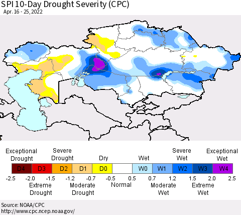 Kazakhstan SPI 10-Day Drought Severity (CPC) Thematic Map For 4/16/2022 - 4/25/2022