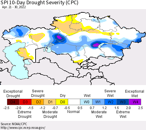 Kazakhstan SPI 10-Day Drought Severity (CPC) Thematic Map For 4/21/2022 - 4/30/2022
