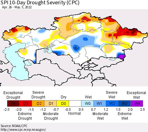 Kazakhstan SPI 10-Day Drought Severity (CPC) Thematic Map For 4/26/2022 - 5/5/2022