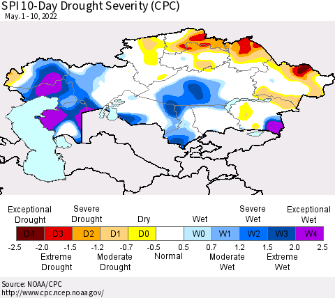 Kazakhstan SPI 10-Day Drought Severity (CPC) Thematic Map For 5/1/2022 - 5/10/2022