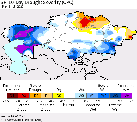 Kazakhstan SPI 10-Day Drought Severity (CPC) Thematic Map For 5/6/2022 - 5/15/2022