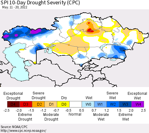 Kazakhstan SPI 10-Day Drought Severity (CPC) Thematic Map For 5/11/2022 - 5/20/2022