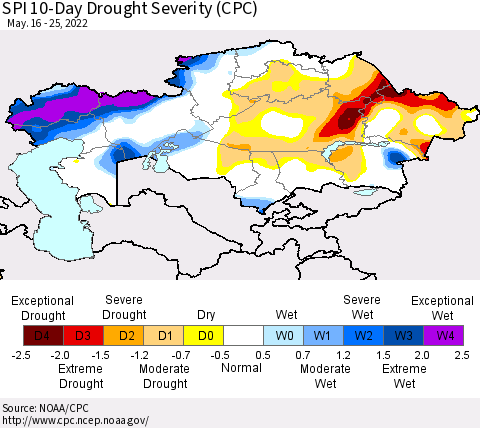 Kazakhstan SPI 10-Day Drought Severity (CPC) Thematic Map For 5/16/2022 - 5/25/2022