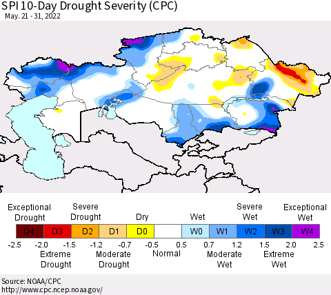 Kazakhstan SPI 10-Day Drought Severity (CPC) Thematic Map For 5/21/2022 - 5/31/2022