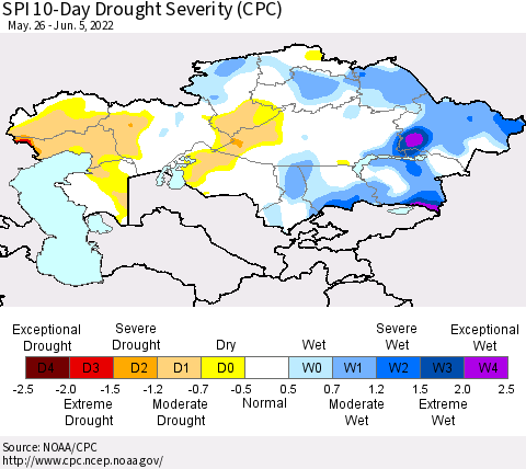 Kazakhstan SPI 10-Day Drought Severity (CPC) Thematic Map For 5/26/2022 - 6/5/2022