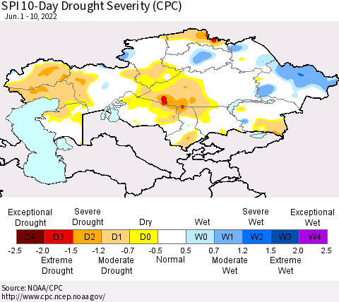 Kazakhstan SPI 10-Day Drought Severity (CPC) Thematic Map For 6/1/2022 - 6/10/2022