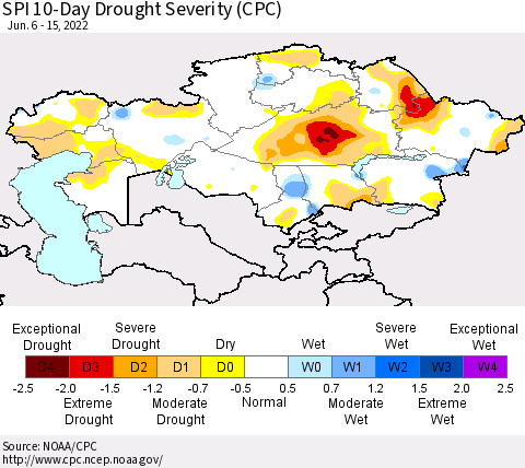Kazakhstan SPI 10-Day Drought Severity (CPC) Thematic Map For 6/6/2022 - 6/15/2022