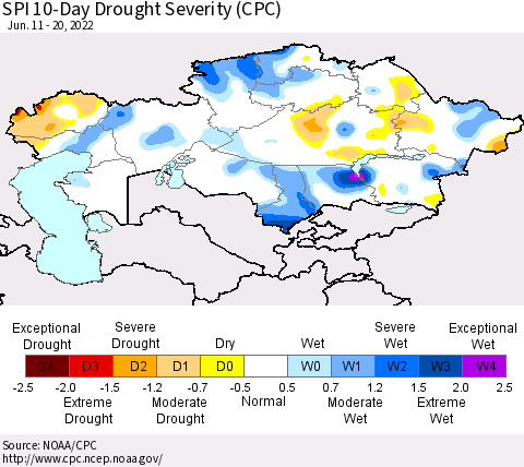Kazakhstan SPI 10-Day Drought Severity (CPC) Thematic Map For 6/11/2022 - 6/20/2022