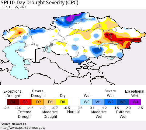 Kazakhstan SPI 10-Day Drought Severity (CPC) Thematic Map For 6/16/2022 - 6/25/2022