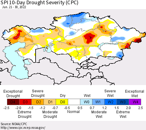 Kazakhstan SPI 10-Day Drought Severity (CPC) Thematic Map For 6/21/2022 - 6/30/2022