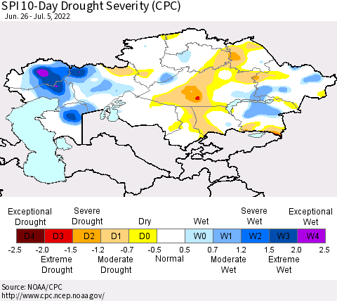 Kazakhstan SPI 10-Day Drought Severity (CPC) Thematic Map For 6/26/2022 - 7/5/2022