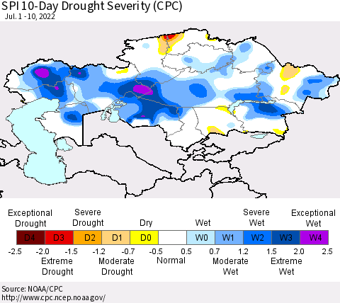 Kazakhstan SPI 10-Day Drought Severity (CPC) Thematic Map For 7/1/2022 - 7/10/2022