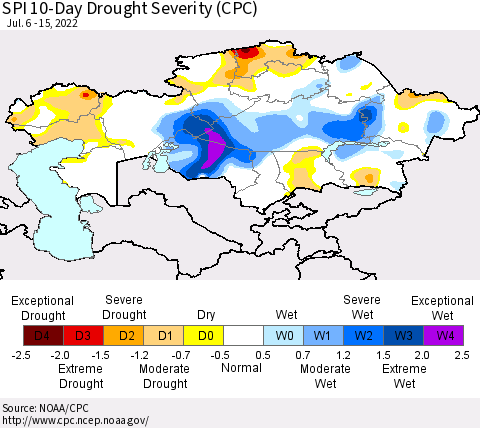 Kazakhstan SPI 10-Day Drought Severity (CPC) Thematic Map For 7/6/2022 - 7/15/2022