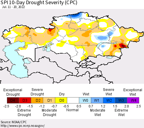Kazakhstan SPI 10-Day Drought Severity (CPC) Thematic Map For 7/11/2022 - 7/20/2022