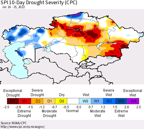 Kazakhstan SPI 10-Day Drought Severity (CPC) Thematic Map For 7/16/2022 - 7/25/2022