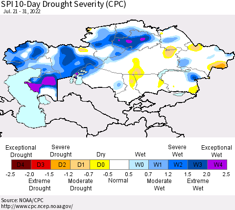 Kazakhstan SPI 10-Day Drought Severity (CPC) Thematic Map For 7/21/2022 - 7/31/2022