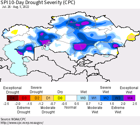 Kazakhstan SPI 10-Day Drought Severity (CPC) Thematic Map For 7/26/2022 - 8/5/2022