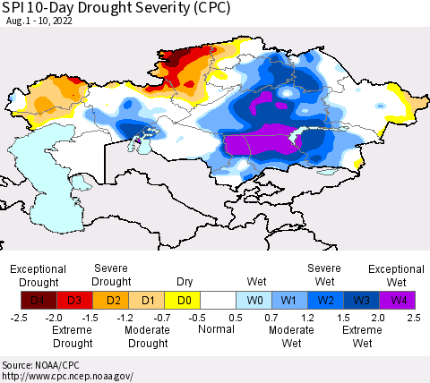 Kazakhstan SPI 10-Day Drought Severity (CPC) Thematic Map For 8/1/2022 - 8/10/2022