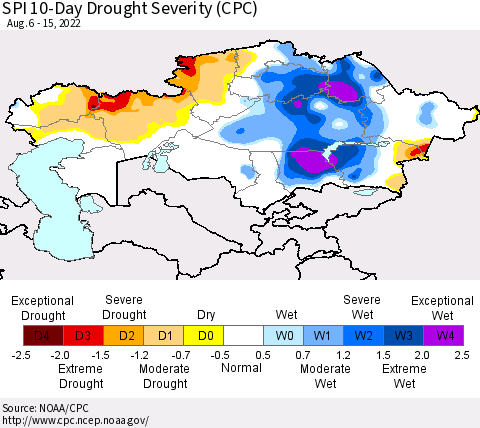 Kazakhstan SPI 10-Day Drought Severity (CPC) Thematic Map For 8/6/2022 - 8/15/2022