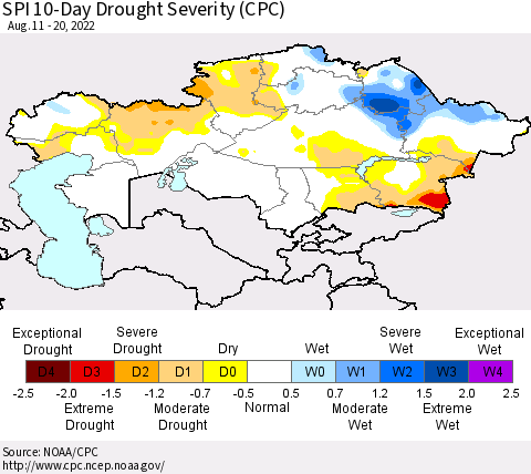 Kazakhstan SPI 10-Day Drought Severity (CPC) Thematic Map For 8/11/2022 - 8/20/2022