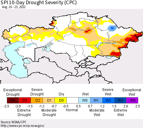 Kazakhstan SPI 10-Day Drought Severity (CPC) Thematic Map For 8/16/2022 - 8/25/2022