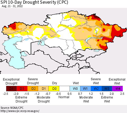 Kazakhstan SPI 10-Day Drought Severity (CPC) Thematic Map For 8/21/2022 - 8/31/2022
