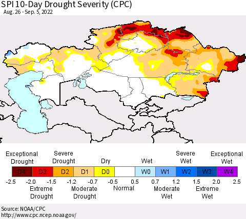 Kazakhstan SPI 10-Day Drought Severity (CPC) Thematic Map For 8/26/2022 - 9/5/2022