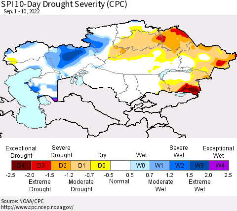 Kazakhstan SPI 10-Day Drought Severity (CPC) Thematic Map For 9/1/2022 - 9/10/2022