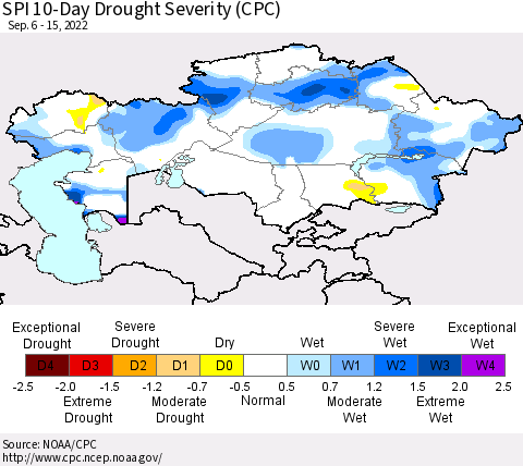 Kazakhstan SPI 10-Day Drought Severity (CPC) Thematic Map For 9/6/2022 - 9/15/2022