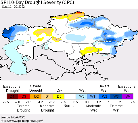Kazakhstan SPI 10-Day Drought Severity (CPC) Thematic Map For 9/11/2022 - 9/20/2022