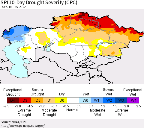 Kazakhstan SPI 10-Day Drought Severity (CPC) Thematic Map For 9/16/2022 - 9/25/2022