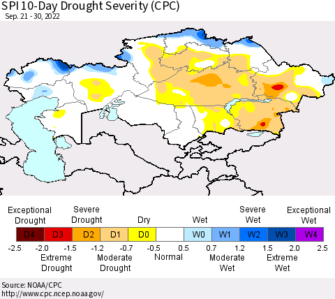 Kazakhstan SPI 10-Day Drought Severity (CPC) Thematic Map For 9/21/2022 - 9/30/2022