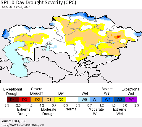 Kazakhstan SPI 10-Day Drought Severity (CPC) Thematic Map For 9/26/2022 - 10/5/2022
