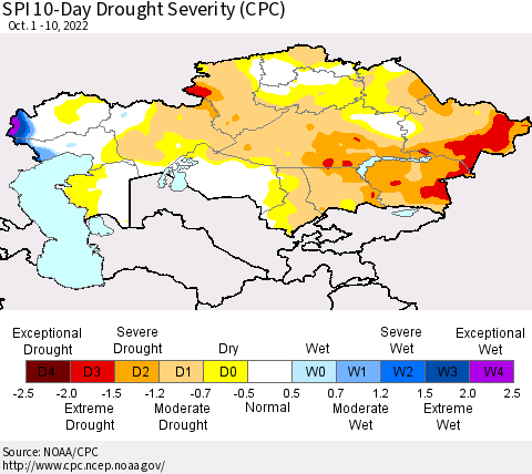 Kazakhstan SPI 10-Day Drought Severity (CPC) Thematic Map For 10/1/2022 - 10/10/2022