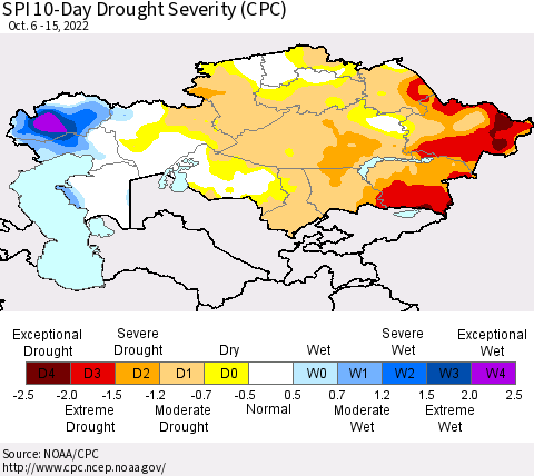 Kazakhstan SPI 10-Day Drought Severity (CPC) Thematic Map For 10/6/2022 - 10/15/2022