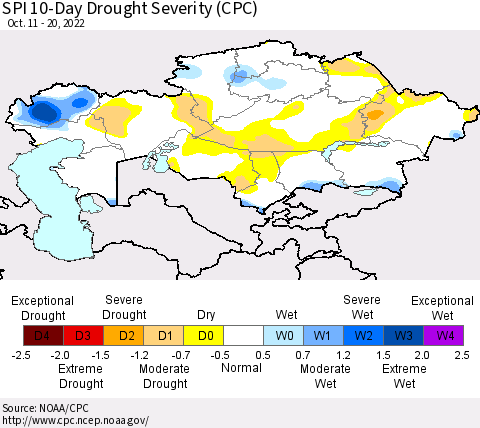 Kazakhstan SPI 10-Day Drought Severity (CPC) Thematic Map For 10/11/2022 - 10/20/2022