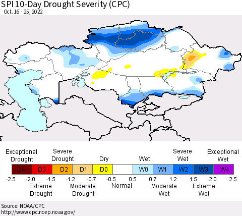 Kazakhstan SPI 10-Day Drought Severity (CPC) Thematic Map For 10/16/2022 - 10/25/2022
