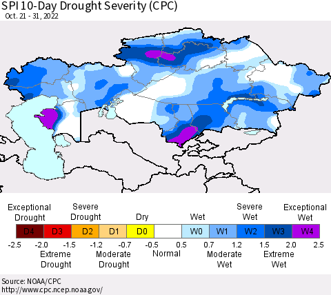 Kazakhstan SPI 10-Day Drought Severity (CPC) Thematic Map For 10/21/2022 - 10/31/2022