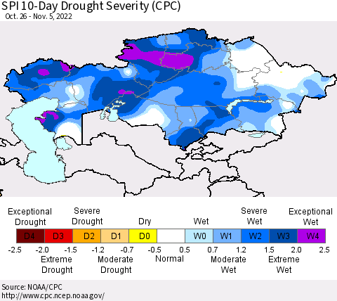 Kazakhstan SPI 10-Day Drought Severity (CPC) Thematic Map For 10/26/2022 - 11/5/2022