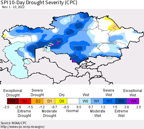 Kazakhstan SPI 10-Day Drought Severity (CPC) Thematic Map For 11/1/2022 - 11/10/2022