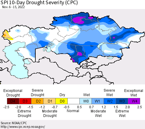 Kazakhstan SPI 10-Day Drought Severity (CPC) Thematic Map For 11/6/2022 - 11/15/2022