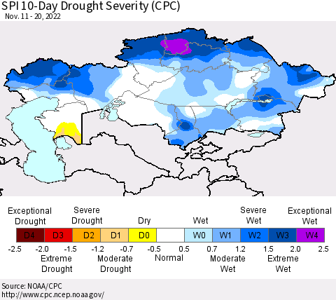 Kazakhstan SPI 10-Day Drought Severity (CPC) Thematic Map For 11/11/2022 - 11/20/2022