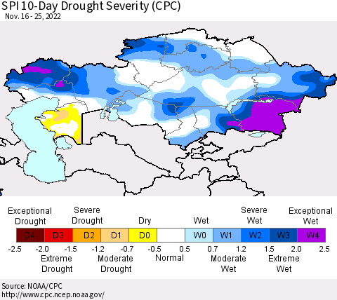 Kazakhstan SPI 10-Day Drought Severity (CPC) Thematic Map For 11/16/2022 - 11/25/2022