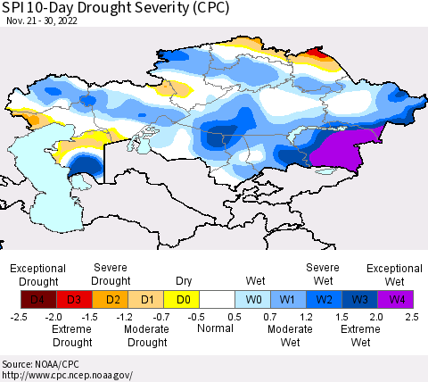 Kazakhstan SPI 10-Day Drought Severity (CPC) Thematic Map For 11/21/2022 - 11/30/2022