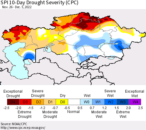 Kazakhstan SPI 10-Day Drought Severity (CPC) Thematic Map For 11/26/2022 - 12/5/2022