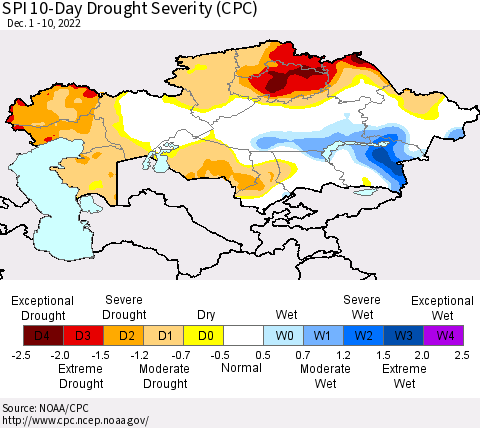 Kazakhstan SPI 10-Day Drought Severity (CPC) Thematic Map For 12/1/2022 - 12/10/2022